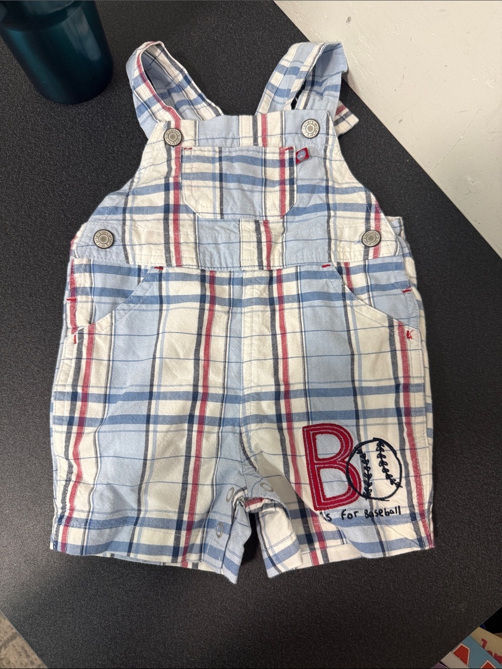 Carter's Light Blue, White & Red Plaid Short Overalls